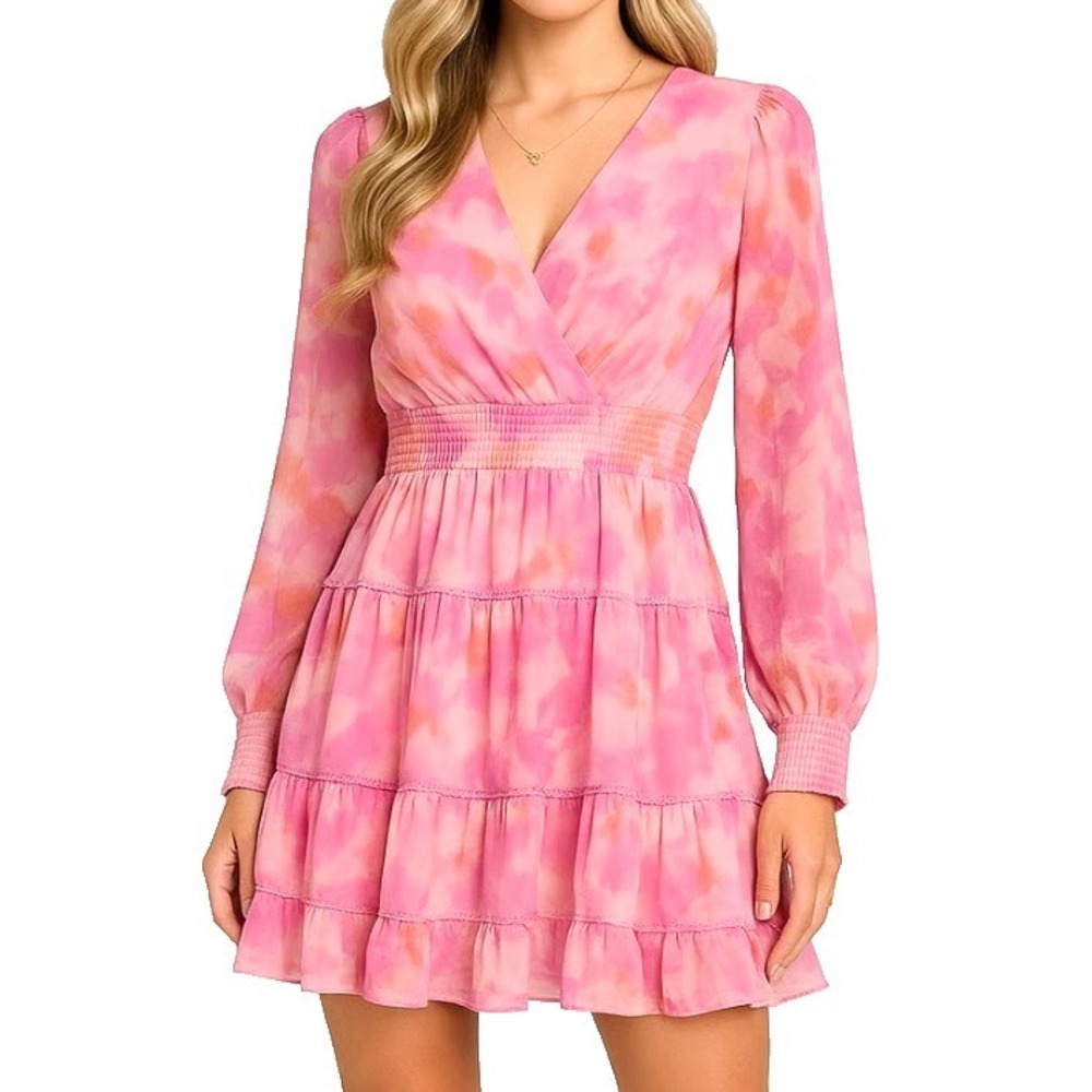 JAPNA Pink Blurred Watercolor PEASANT MINI DRESS Smocked Tiered TIE BACK sz XS